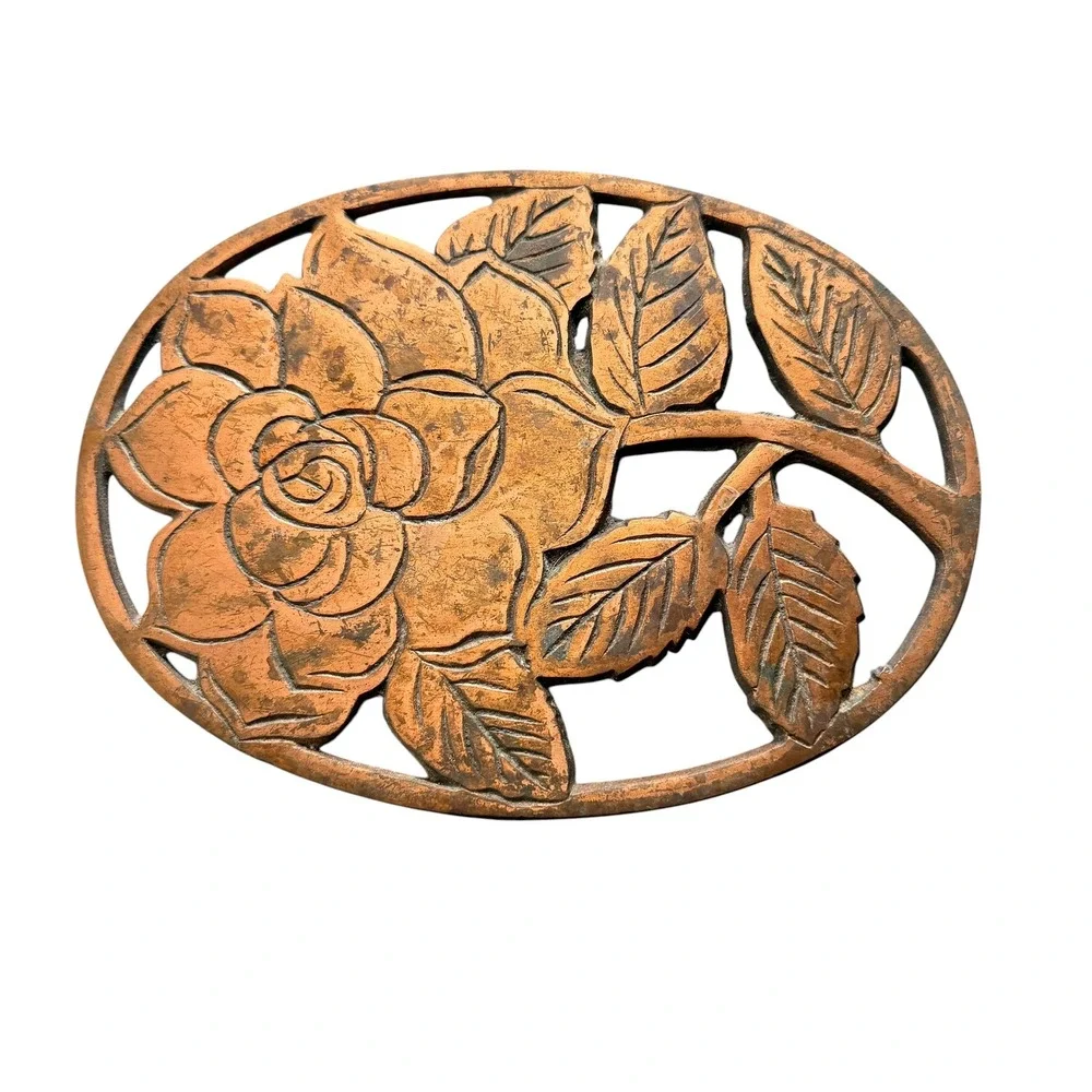 Vintage Cast Iron Rose Flower Trivet Copper Finish Oval Wall Decor Md in Taiwan
